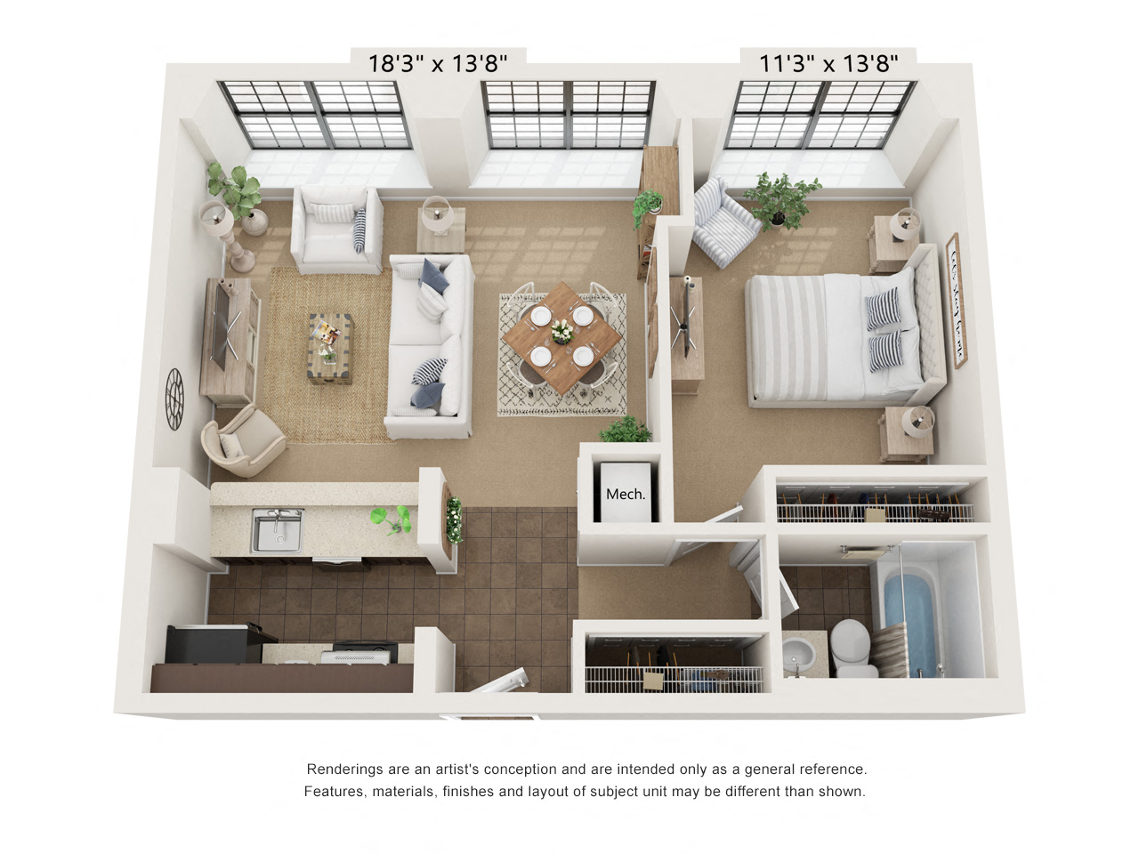 Floor plan for 1 bed, 1 bath, 704 sqft
